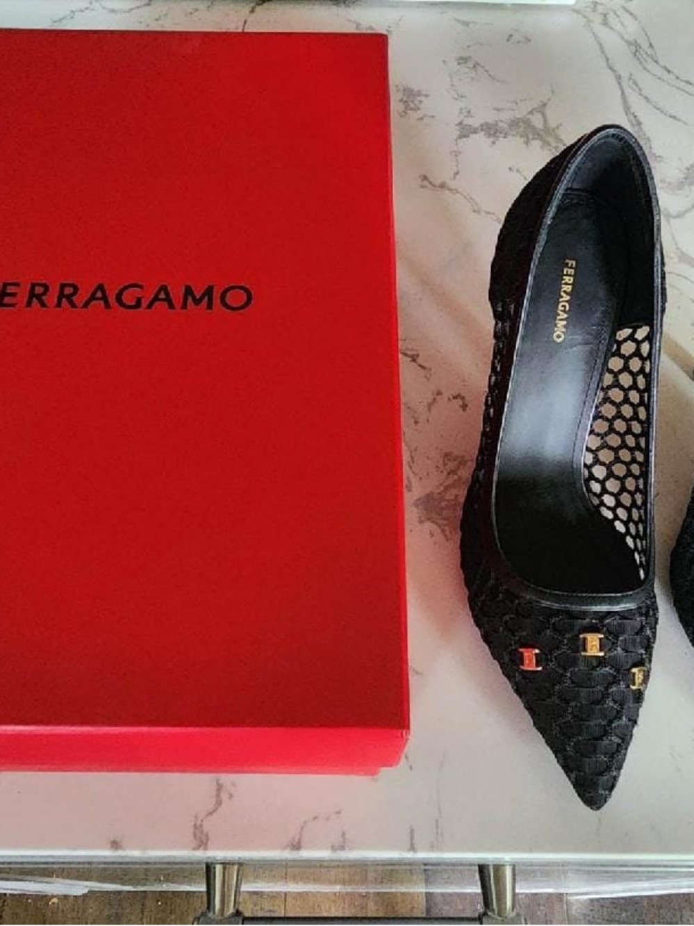 Salvatore Ferragamo Black Woven Pointed Pumps with Gold Accents